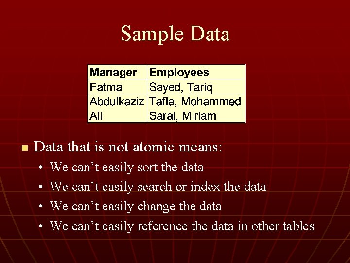 Sample Data n Data that is not atomic means: • • We can’t easily