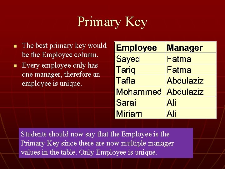 Primary Key n n The best primary key would be the Employee column. Every