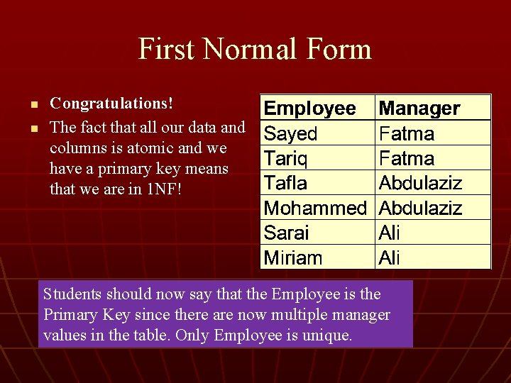 First Normal Form n n Congratulations! The fact that all our data and columns