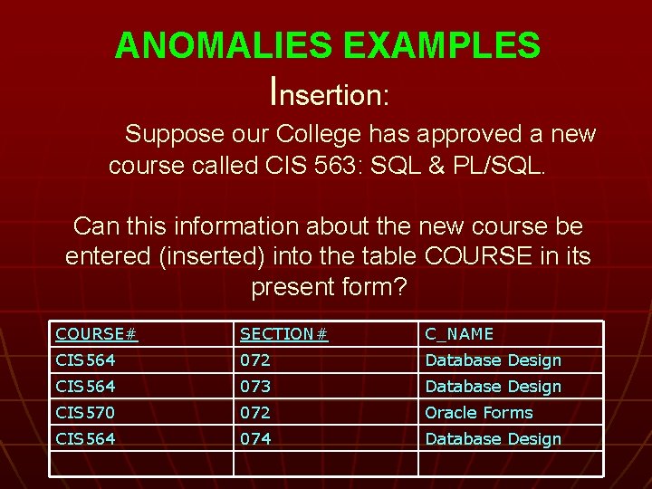 ANOMALIES EXAMPLES Insertion: Suppose our College has approved a new course called CIS 563: