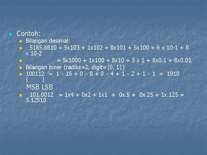 n Contoh: n n n Bilangan desimal: 5185. 6810 = 5 x 103 +