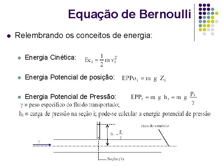Equação de Bernoulli l Relembrando os conceitos de energia: l Energia Cinética: l Energia