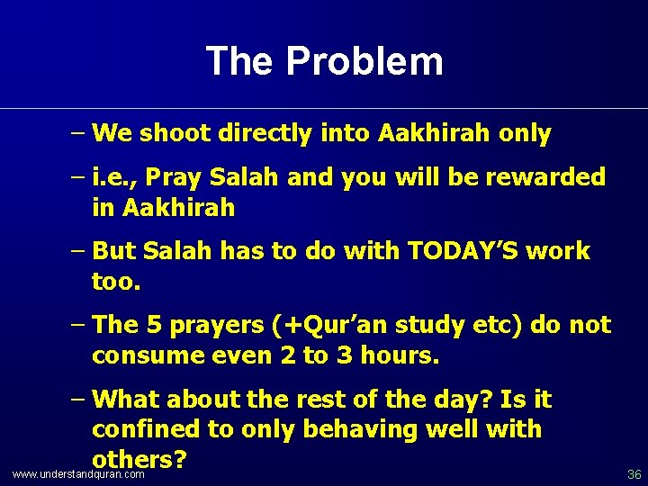 The Problem – We shoot directly into Aakhirah only – i. e. , Pray