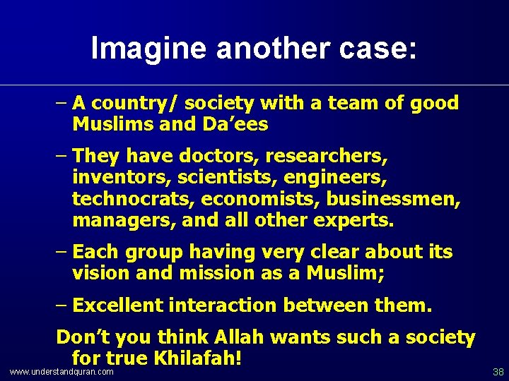 Imagine another case: – A country/ society with a team of good Muslims and