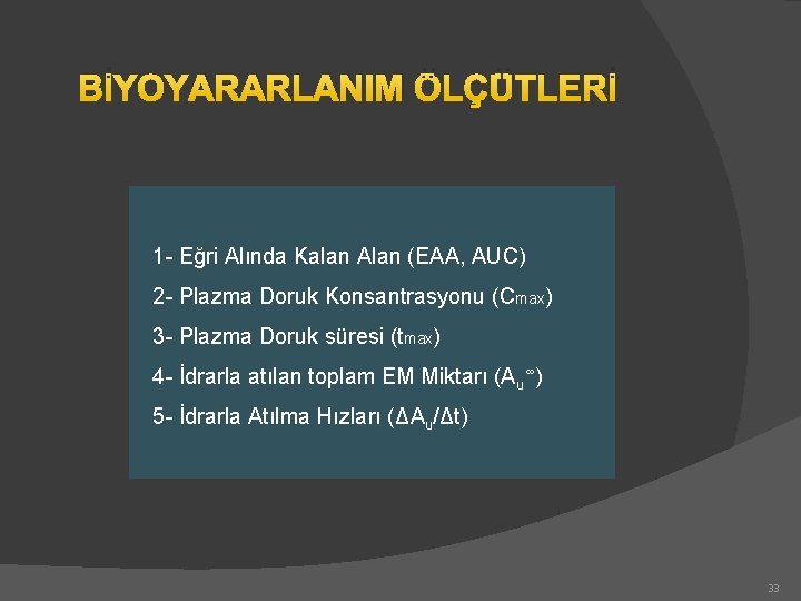 BİYOYARARLANIM ÖLÇÜTLERİ 1 - Eğri Alında Kalan Alan (EAA, AUC) 2 - Plazma Doruk