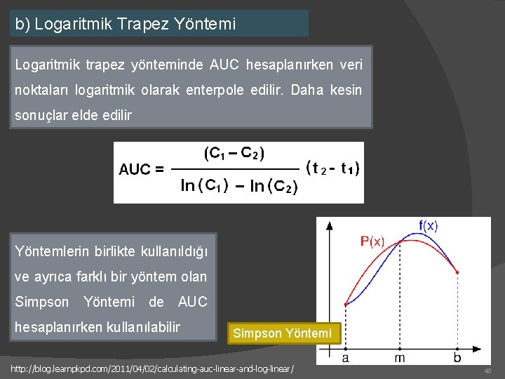 b) Logaritmik Trapez Yöntemi Logaritmik trapez yönteminde AUC hesaplanırken veri noktaları logaritmik olarak enterpole