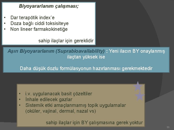 Biyoyararlanım çalışması; • Dar terapötik index’e • Doza bağlı ciddi toksisiteye • Non lineer