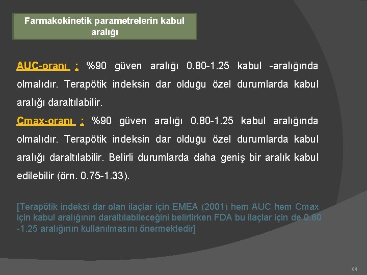 Farmakokinetik parametrelerin kabul aralığı AUC-oranı : %90 güven aralığı 0. 80 -1. 25 kabul