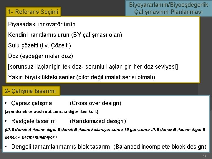 Biyoyararlanım/Biyoeşdeğerlik Çalışmasının Planlanması 1 - Referans Seçimi Piyasadaki innovatör ürün Kendini kanıtlamış ürün (BY