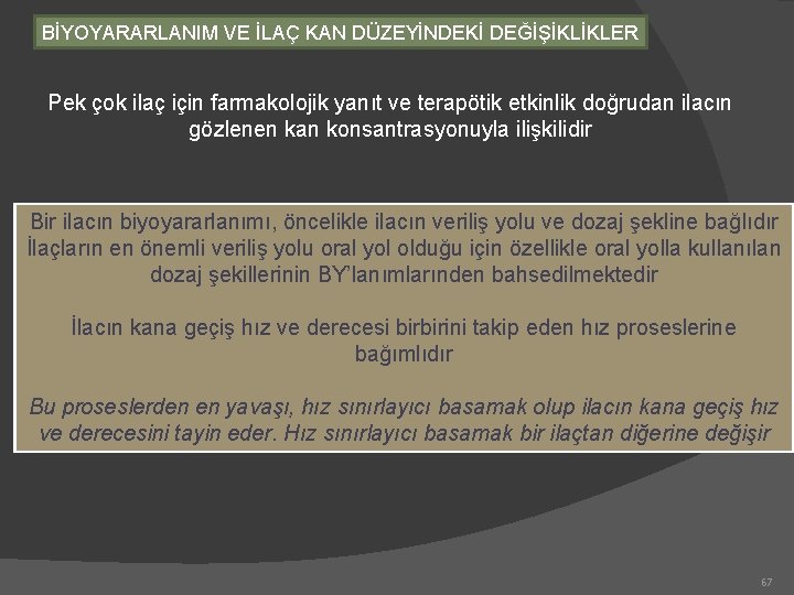 BİYOYARARLANIM VE İLAÇ KAN DÜZEYİNDEKİ DEĞİŞİKLİKLER Pek çok ilaç için farmakolojik yanıt ve terapötik