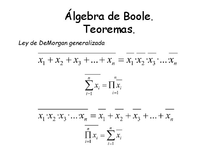 Álgebra de Boole. Teoremas. Ley de De. Morgan generalizada 