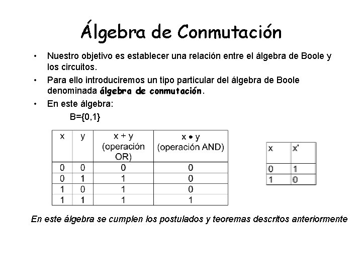 Álgebra de Conmutación • • • Nuestro objetivo es establecer una relación entre el