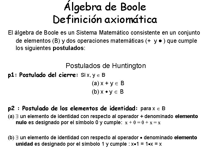 Álgebra de Boole Definición axiomática El álgebra de Boole es un Sistema Matemático consistente