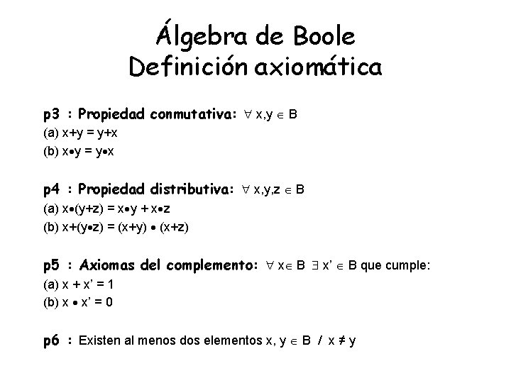 Álgebra de Boole Definición axiomática p 3 : Propiedad conmutativa: x, y B (a)