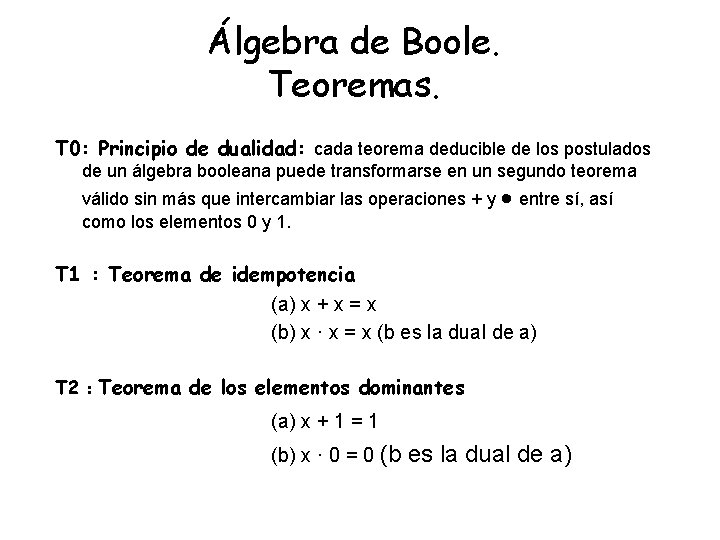 Álgebra de Boole. Teoremas. T 0: Principio de dualidad: cada teorema deducible de los