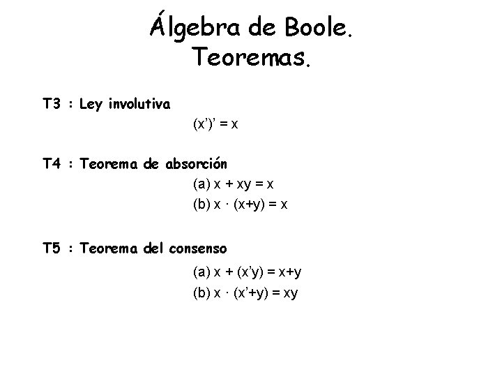 Álgebra de Boole. Teoremas. T 3 : Ley involutiva (x’)’ = x T 4