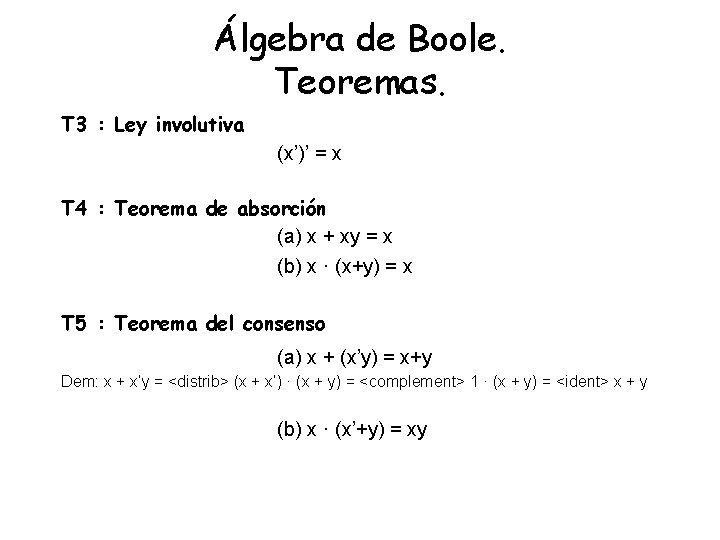 Álgebra de Boole. Teoremas. T 3 : Ley involutiva (x’)’ = x T 4