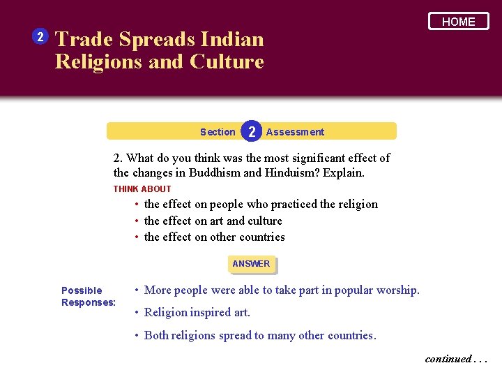 2 HOME Trade Spreads Indian Religions and Culture Section 2 Assessment 2. What do