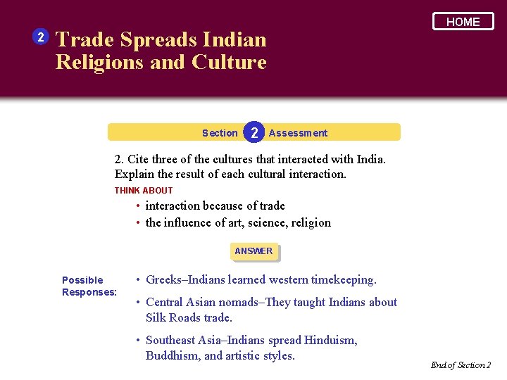 2 HOME Trade Spreads Indian Religions and Culture Section 2 Assessment 2. Cite three