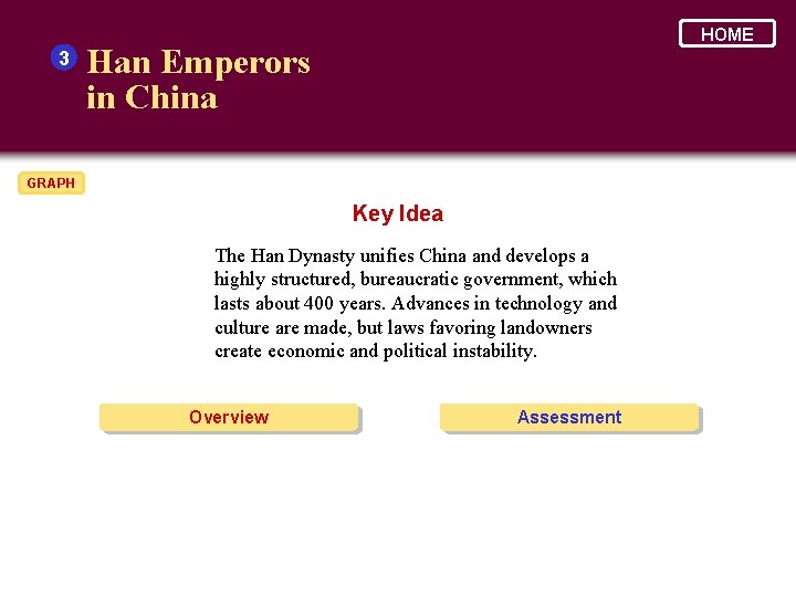 3 HOME Han Emperors in China GRAPH Key Idea The Han Dynasty unifies China