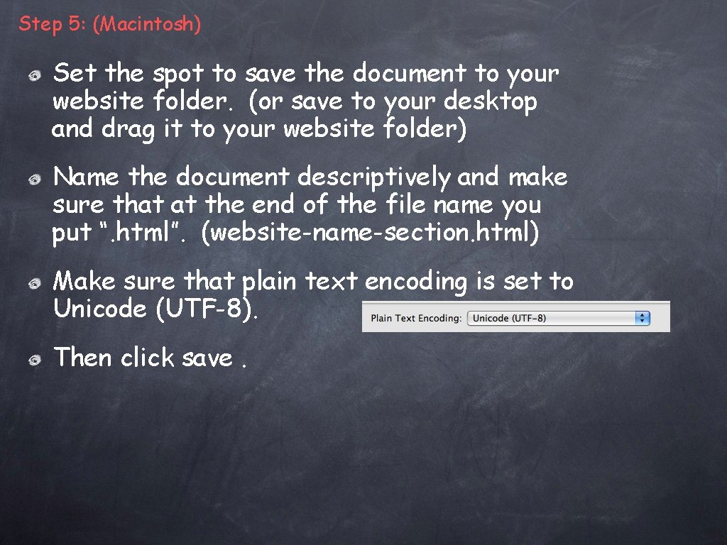 Step 5: (Macintosh) Set the spot to save the document to your website folder.