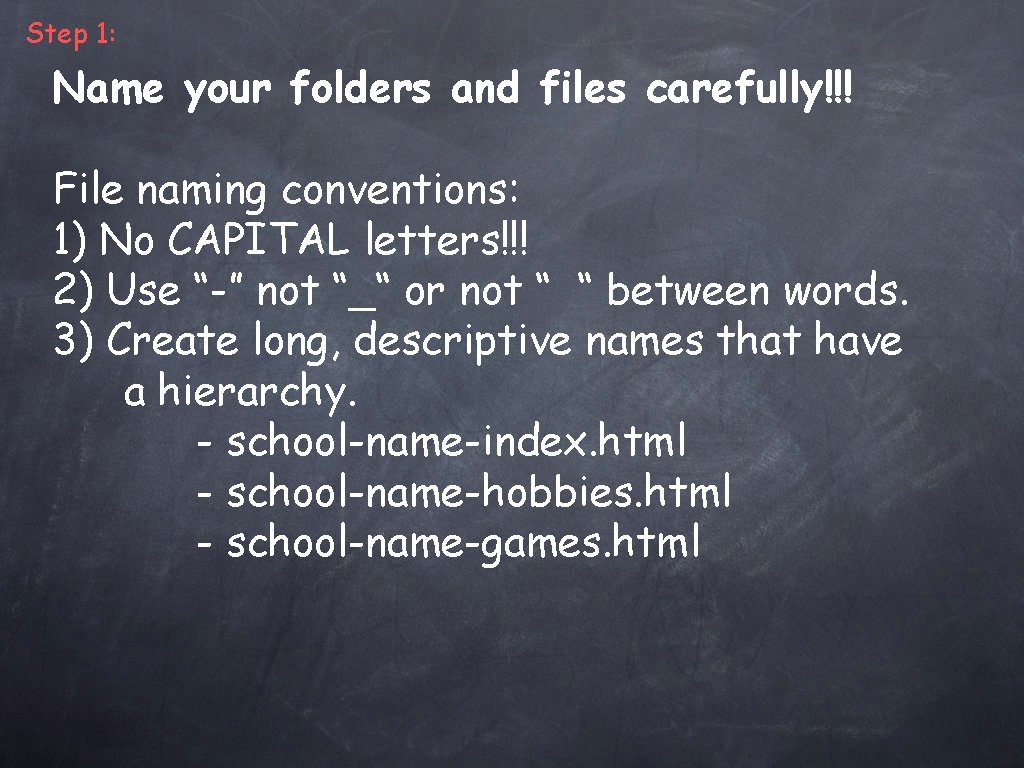 Step 1: Name your folders and files carefully!!! File naming conventions: 1) No CAPITAL Step 1: Name your folders and files carefully!!! File naming conventions: 1) No CAPITAL