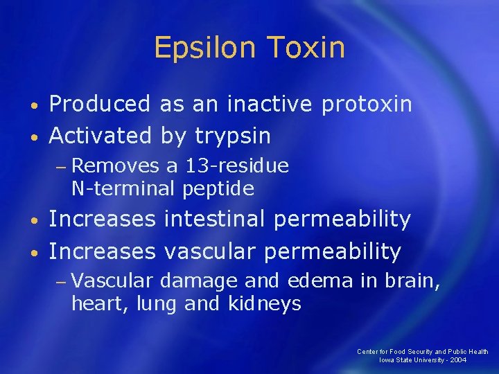 Epsilon Toxin Produced as an inactive protoxin • Activated by trypsin • − Removes