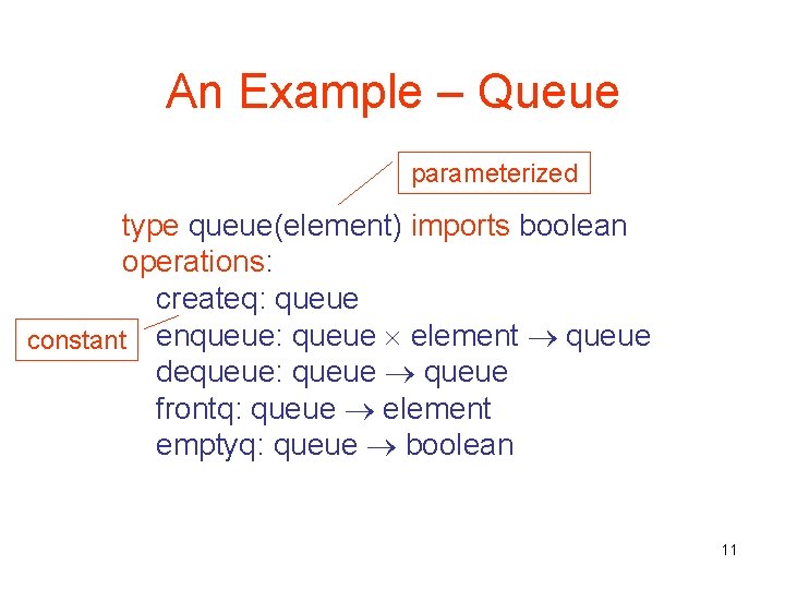 An Example – Queue parameterized type queue(element) imports boolean operations: createq: queue constant enqueue: