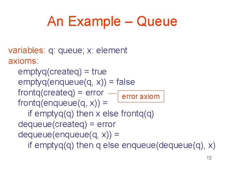 An Example – Queue variables: q: queue; x: element axioms: emptyq(createq) = true emptyq(enqueue(q,