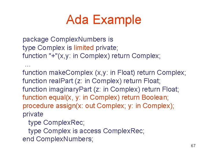 Ada Example package Complex. Numbers is type Complex is limited private; function "+"(x, y:
