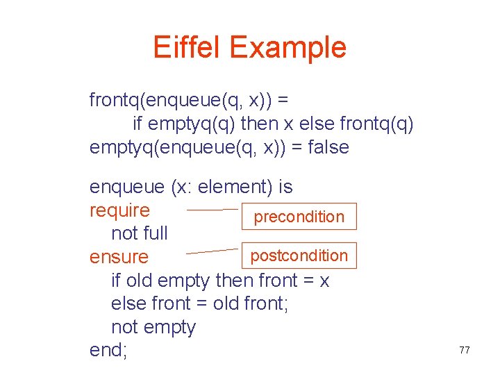 Eiffel Example frontq(enqueue(q, x)) = if emptyq(q) then x else frontq(q) emptyq(enqueue(q, x)) =
