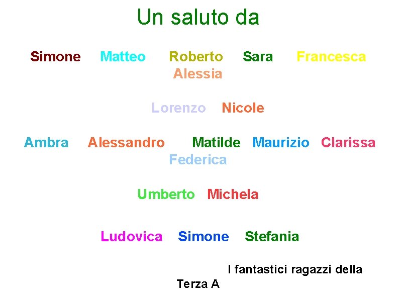 Un saluto da Simone Matteo Roberto Alessia Lorenzo Ambra Alessandro Sara Francesca Nicole Matilde