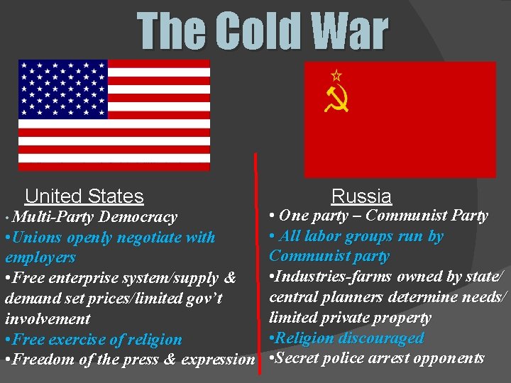 The Cold War United States Russia • One party – Communist Party • All