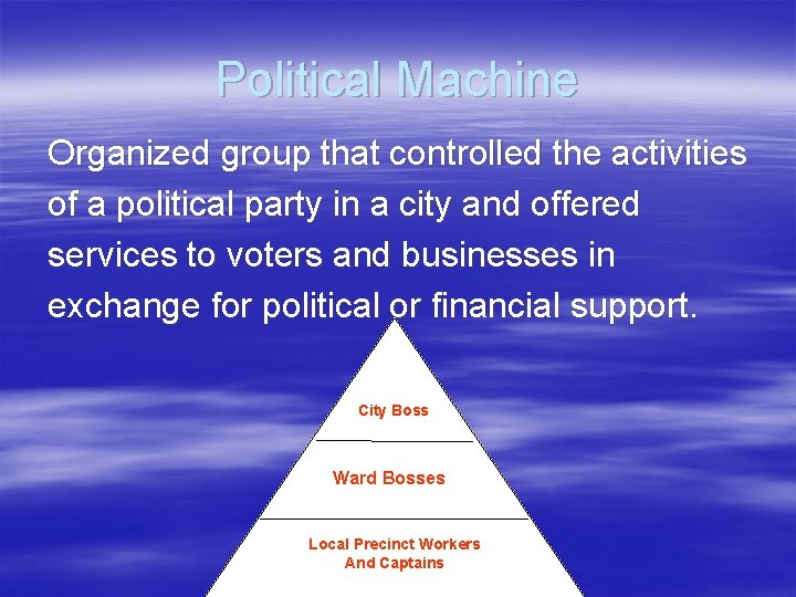 Political Machine Organized group that controlled the activities of a political party in a