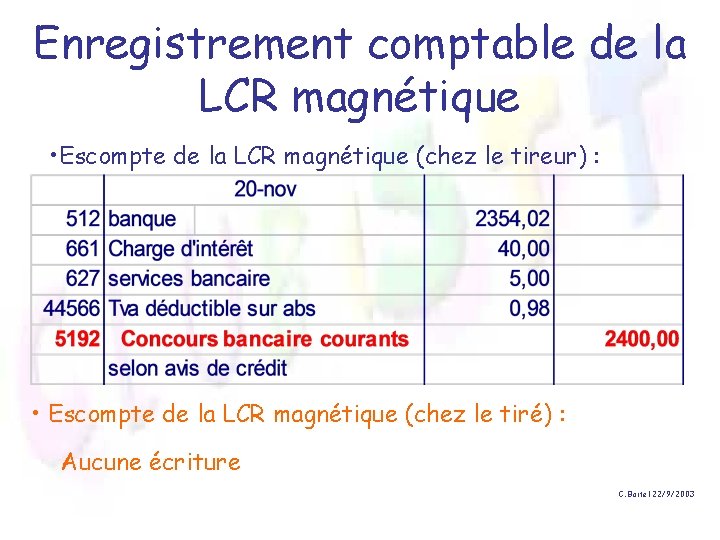 Enregistrement comptable de la LCR magnétique • Escompte de la LCR magnétique (chez le