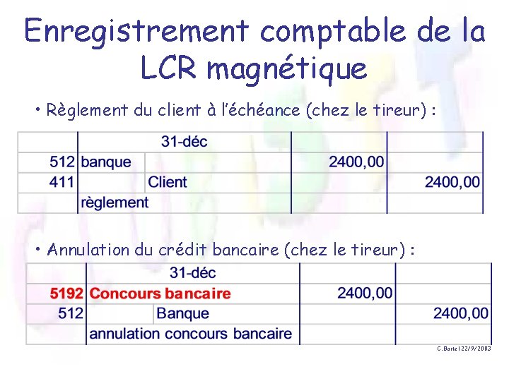 Enregistrement comptable de la LCR magnétique • Règlement du client à l’échéance (chez le