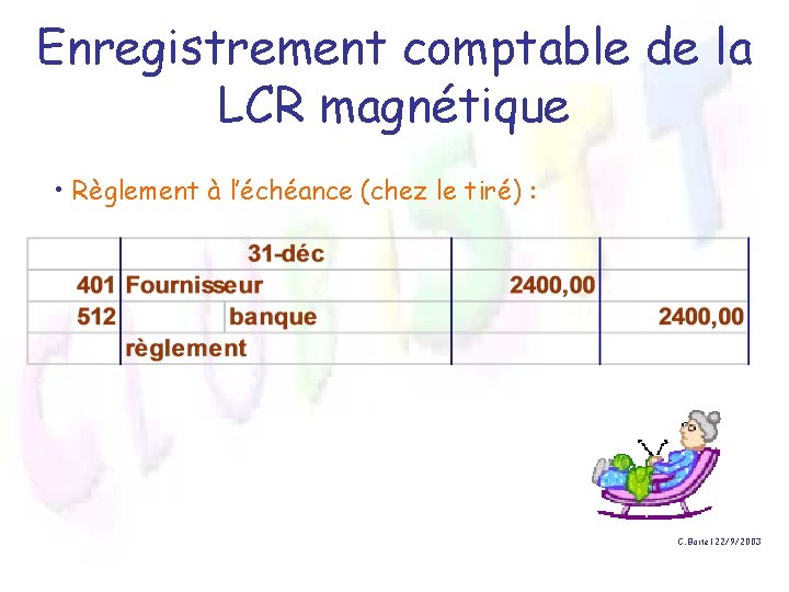 Enregistrement comptable de la LCR magnétique • Règlement à l’échéance (chez le tiré) :