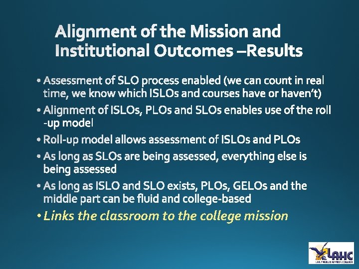  • Links the classroom to the college mission 