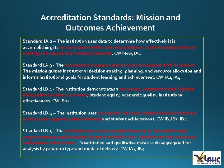 Accreditation Standards: Mission and Outcomes Achievement Standard IA. 2 – The institution uses data