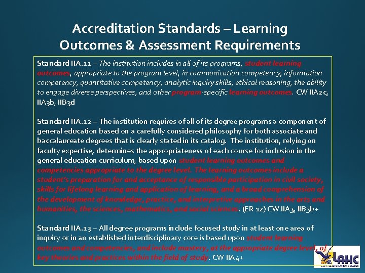 Accreditation Standards – Learning Outcomes & Assessment Requirements Standard IIA. 11 – The institution