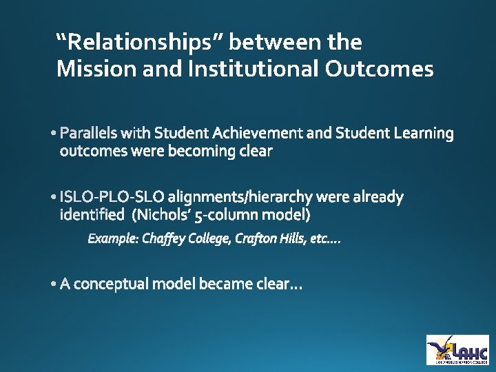 “Relationships” between the Mission and Institutional Outcomes 