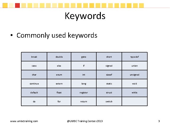 Keywords • Commonly used keywords break double goto short typedef case else if signed Keywords • Commonly used keywords break double goto short typedef case else if signed