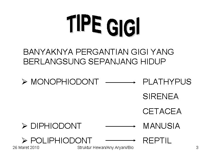 BANYAKNYA PERGANTIAN GIGI YANG BERLANGSUNG SEPANJANG HIDUP Ø MONOPHIODONT PLATHYPUS SIRENEA CETACEA Ø DIPHIODONT