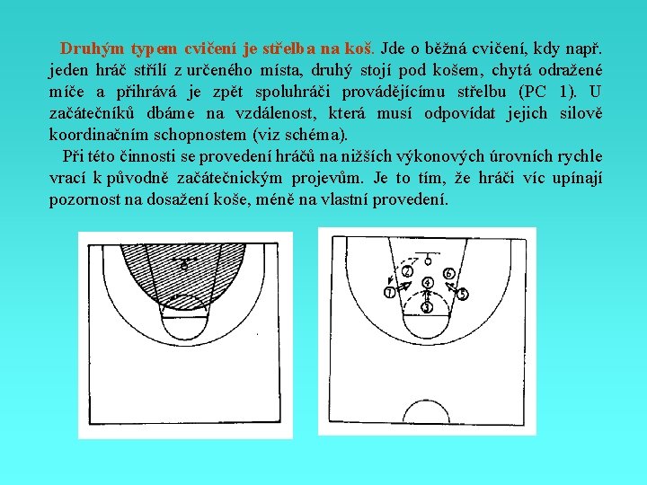  Druhým typem cvičení je střelba na koš. Jde o běžná cvičení, kdy např.