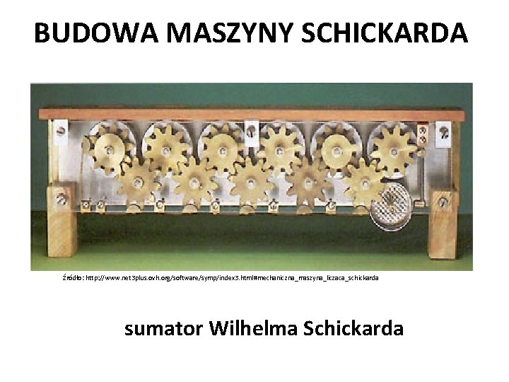 BUDOWA MASZYNY SCHICKARDA Źródło: http: //www. net 3 plus. ovh. org/software/symp/index 3. html#mechaniczna_maszyna_liczaca_schickarda sumator