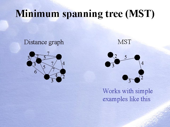 Minimum spanning tree (MST) MST Distance graph 3 2 5 3 6 5 7 Minimum spanning tree (MST) MST Distance graph 3 2 5 3 6 5 7