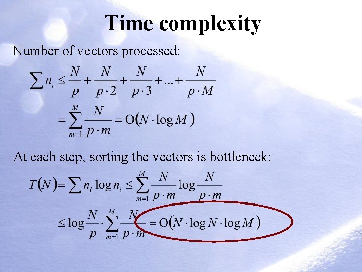 Time complexity Number of vectors processed: At each step, sorting the vectors is bottleneck: