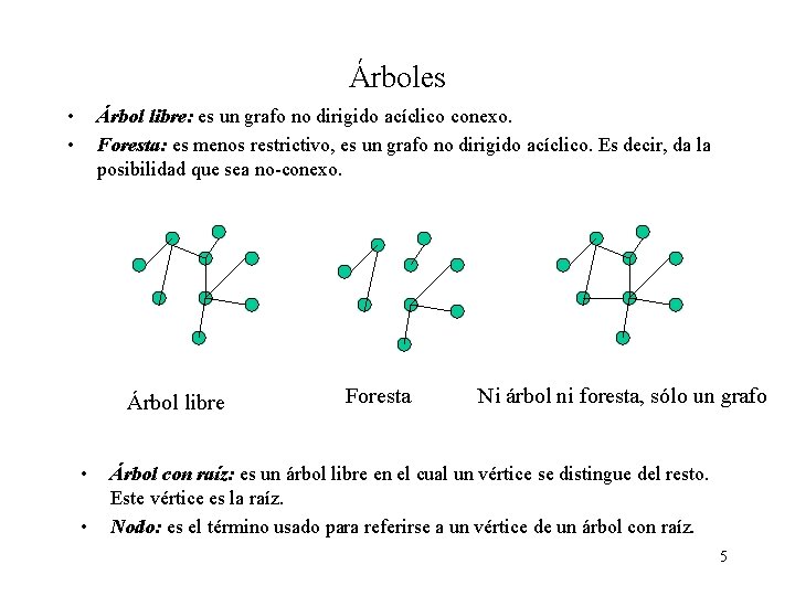 Árboles • • Árbol libre: es un grafo no dirigido acíclico conexo. Foresta: es