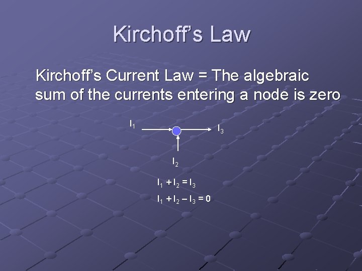 Kirchoff’s Law Kirchoff’s Current Law = The algebraic sum of the currents entering a