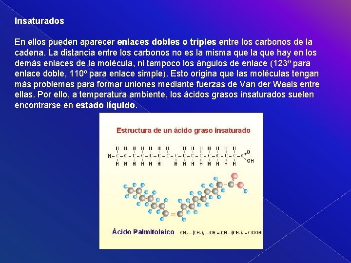 Insaturados En ellos pueden aparecer enlaces dobles o triples entre los carbonos de la